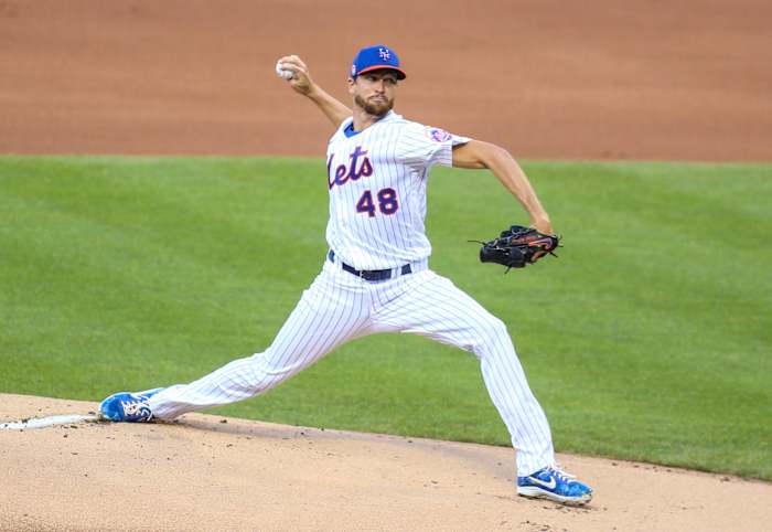 Mets pitcher Jacob deGrom throws in a simulated game at Citi Field.
